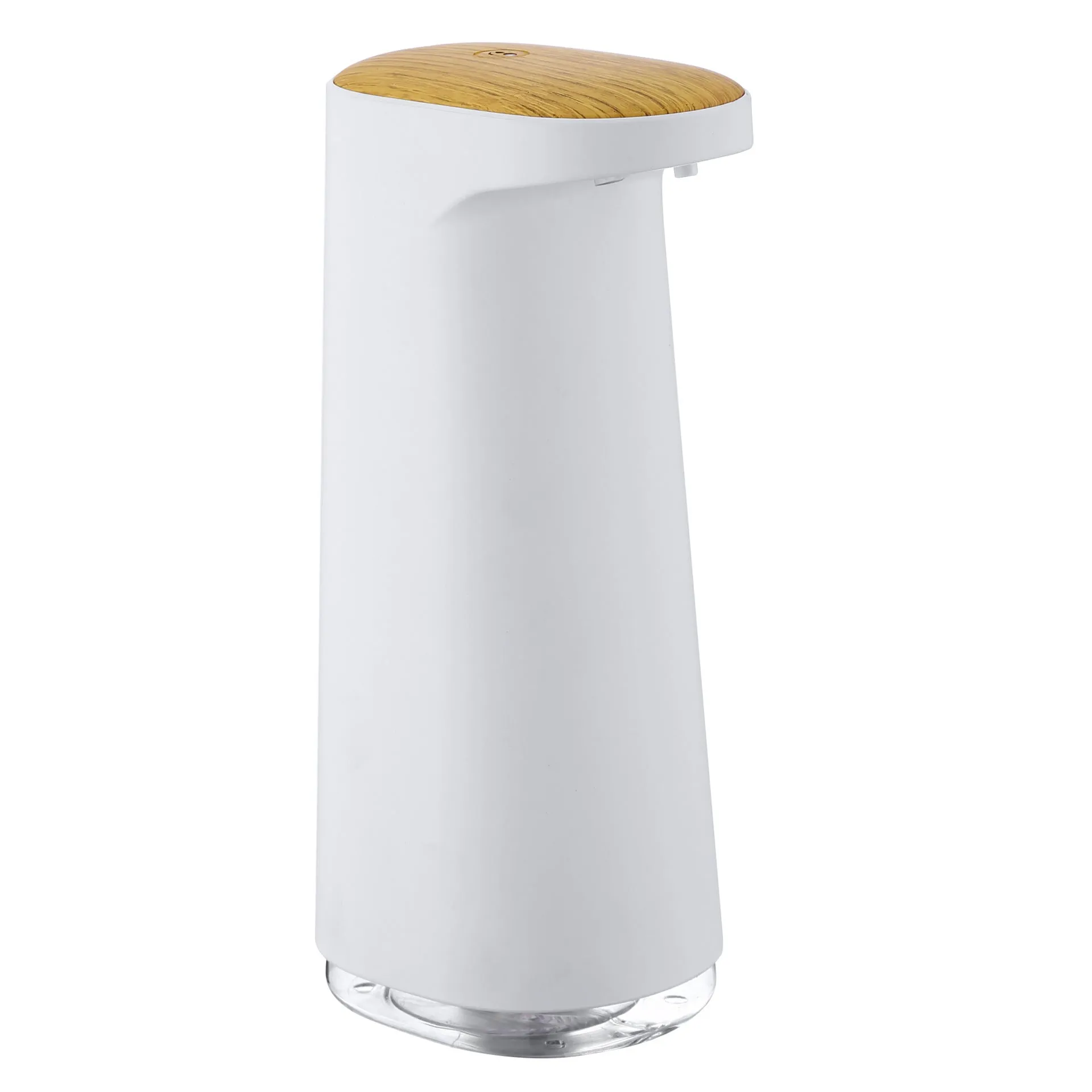 White automatic foam soap dispenser with sensor for touch-free operation on bathroom counter