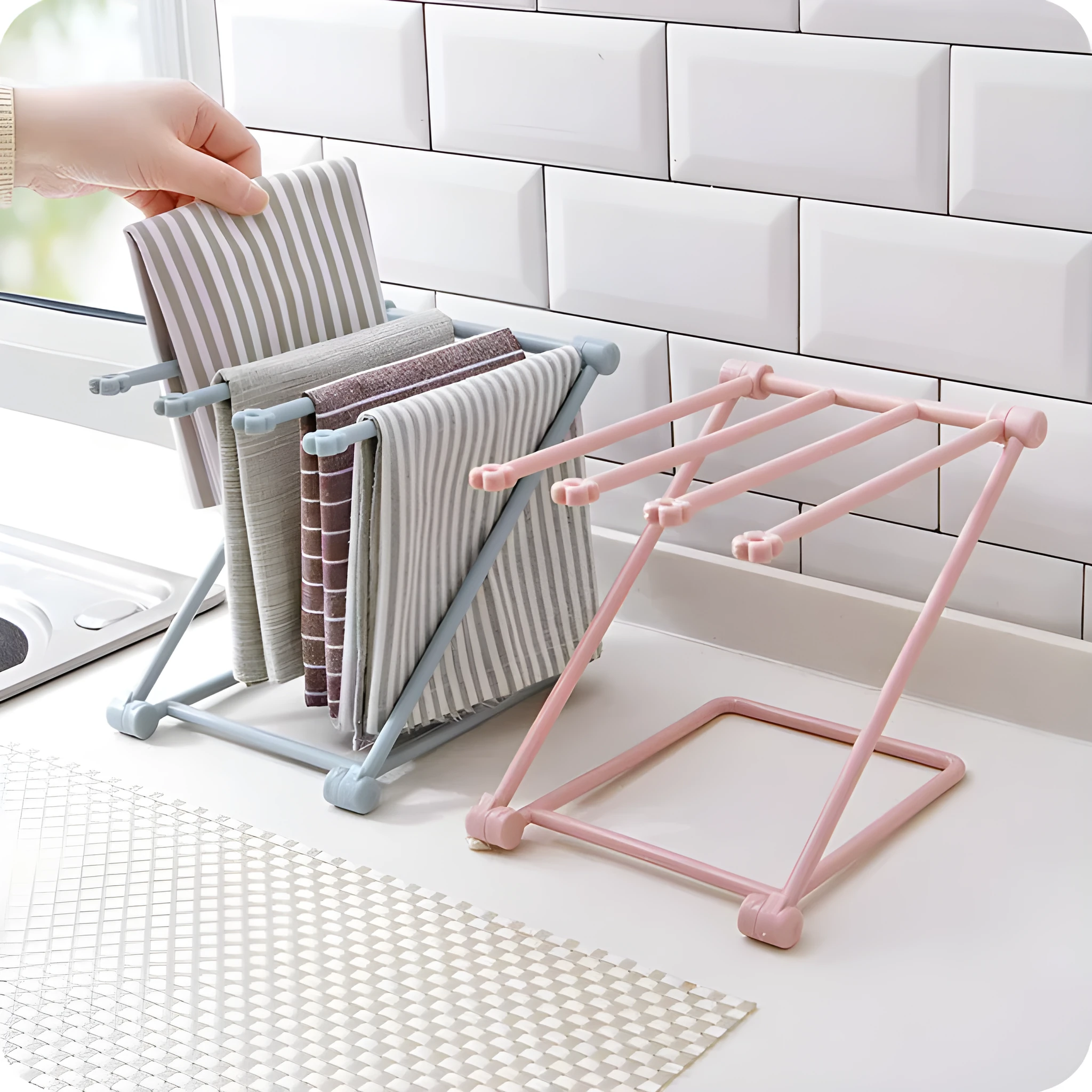 Foldable plastic kitchen dishcloth rack organiser in light blue colour