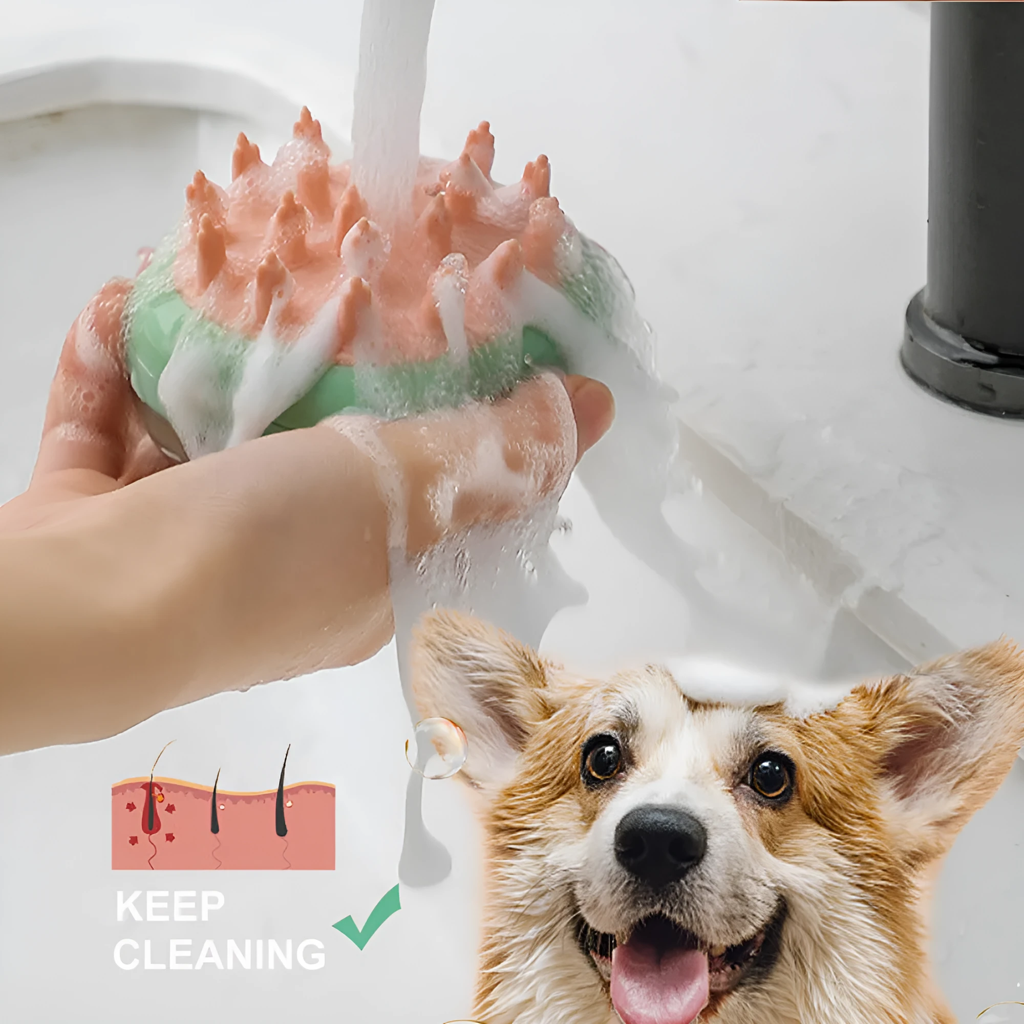 Blue pet bath brush and shampoo dispenser with soft silicone bristles and a hang hole