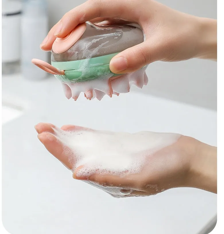 Blue pet bath brush and shampoo dispenser with soft silicone bristles and a hang hole