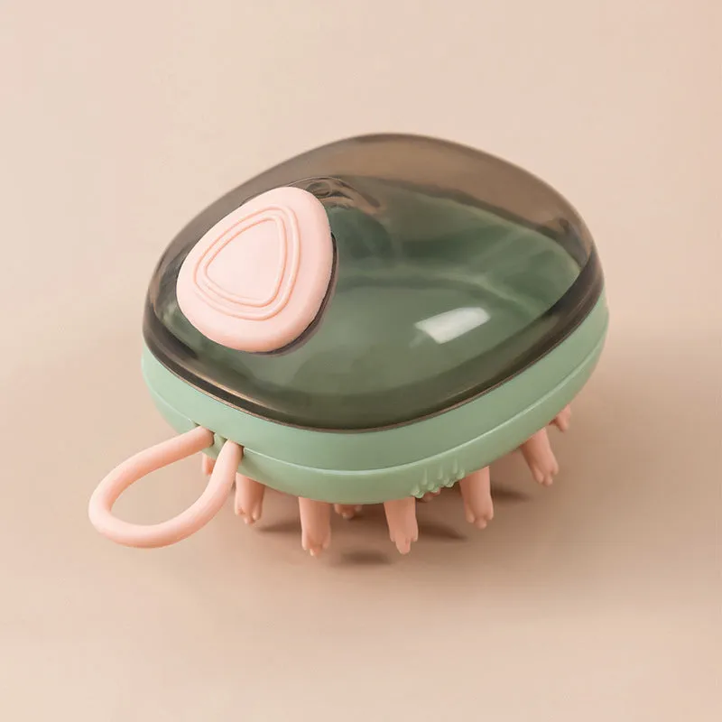 Blue pet bath brush and shampoo dispenser with soft silicone bristles and a hang hole