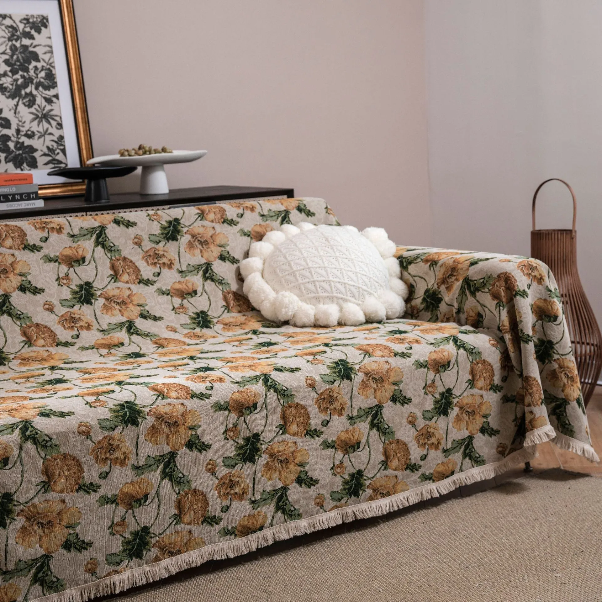 American country style jacquard floral patterned sofa cover in a retro design on a sofa.