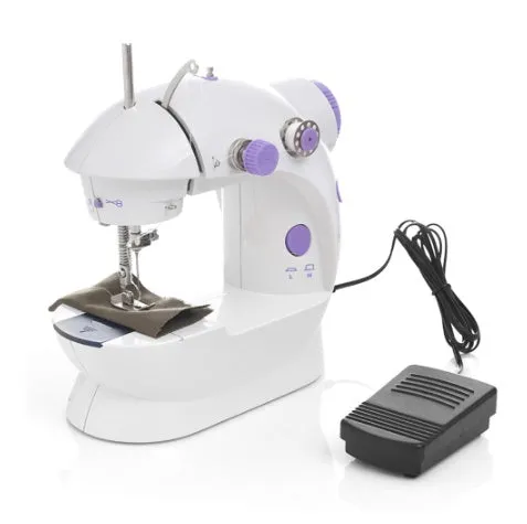 Miniature electric household sewing machine measuring 20 x 15 x 10 cm with straight stitch cylinder