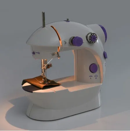 Miniature electric household sewing machine measuring 20 x 15 x 10 cm with straight stitch cylinder