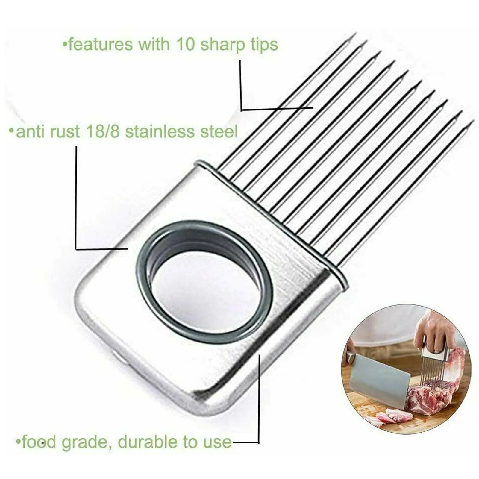 Stainless steel onion holder slicer with sharp prongs and a red finger guard on a cutting board.