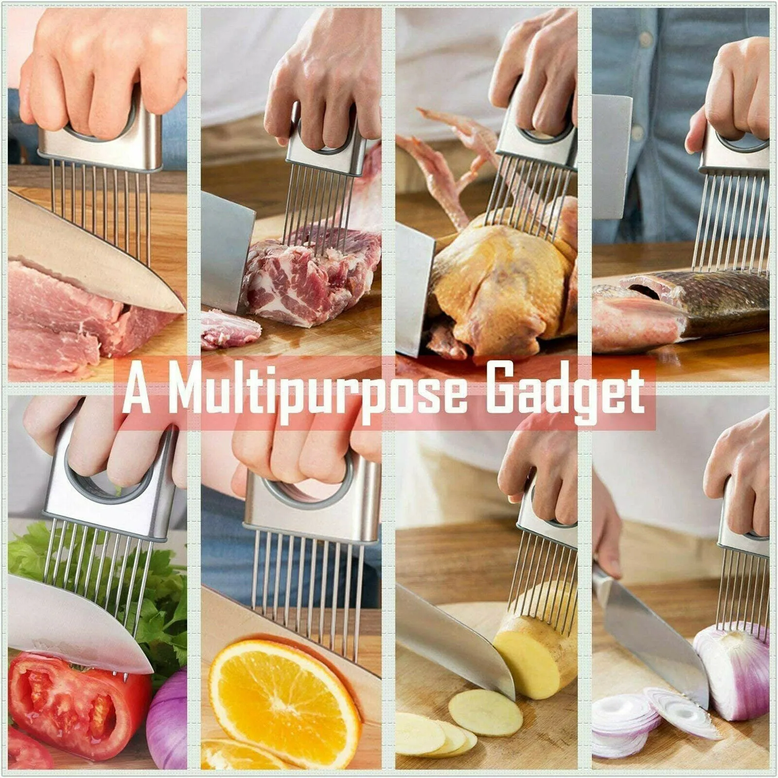 Stainless steel onion holder slicer with sharp prongs and a red finger guard on a cutting board.