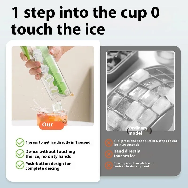 Food-grade plastic ice cube tray with one-touch release and storage box in blue or white.