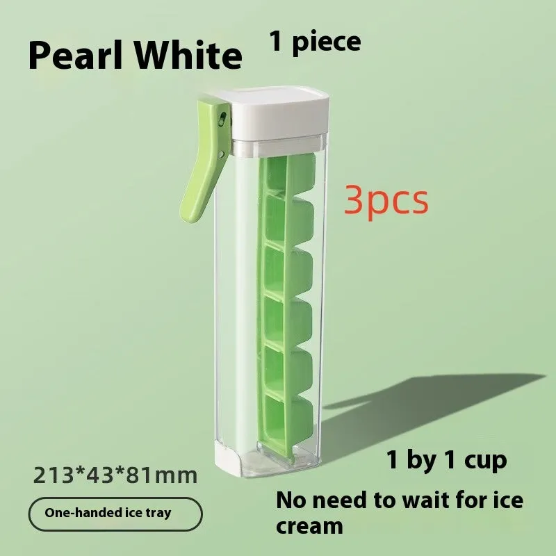 Food-grade plastic ice cube tray with one-touch release and storage box in blue or white.
