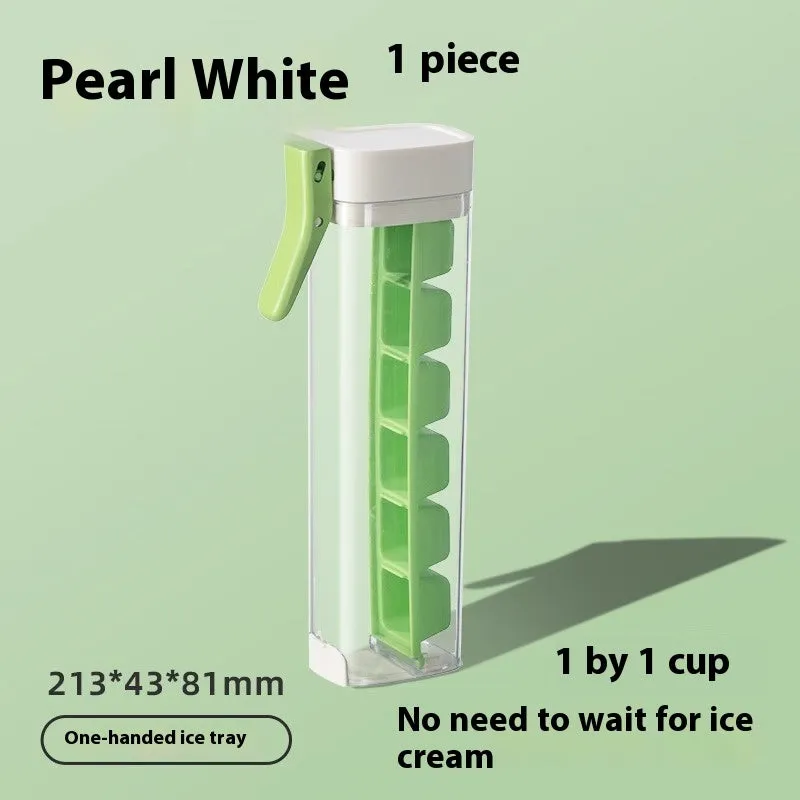 Food-grade plastic ice cube tray with one-touch release and storage box in blue or white.
