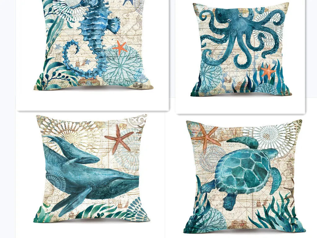 Square linen cushion cover with blue sea turtle print, showing invisible zipper closure.