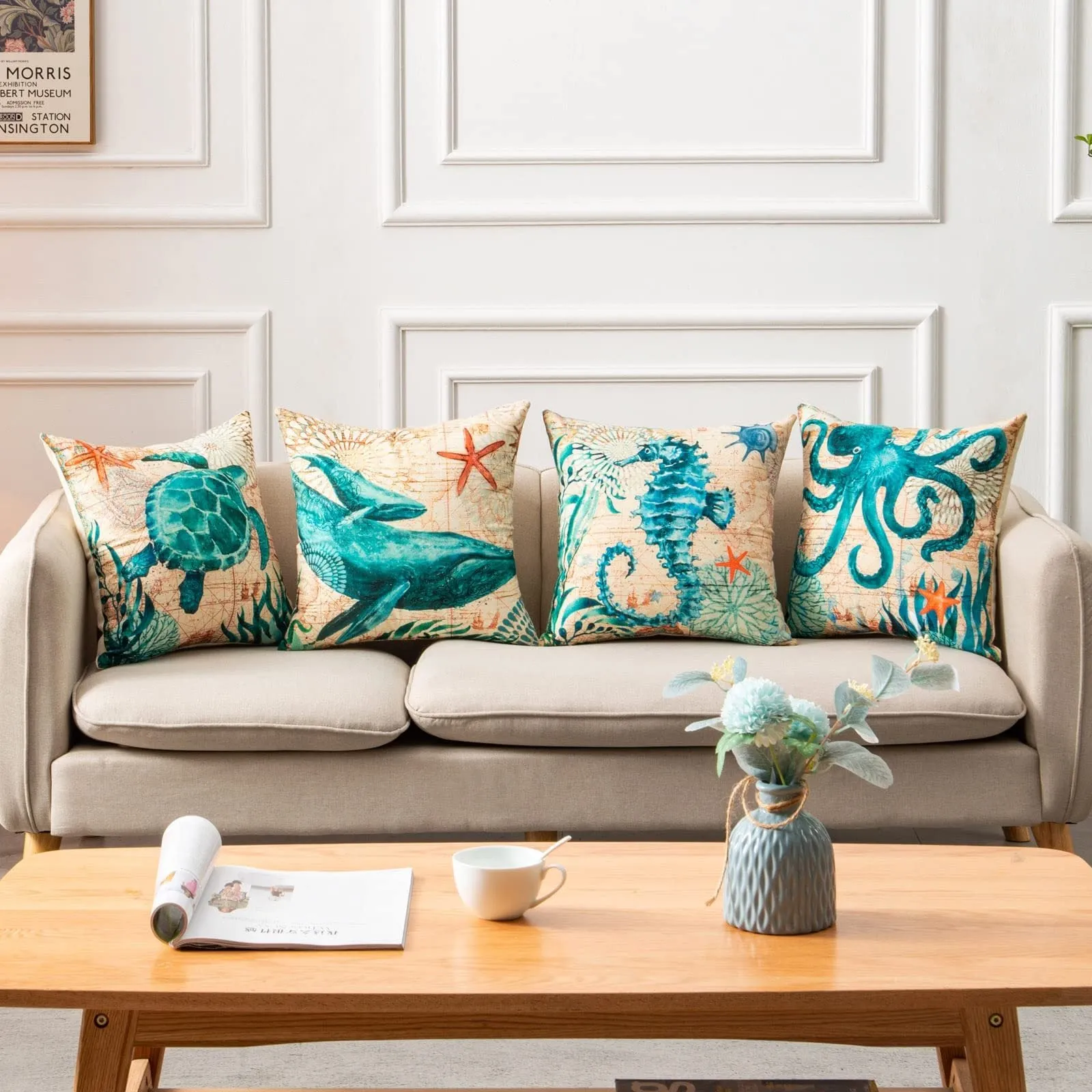 Square linen cushion cover with blue sea turtle print, showing invisible zipper closure.