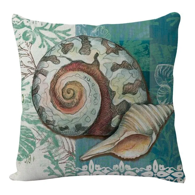 Square linen cushion cover with blue sea turtle print, showing invisible zipper closure.