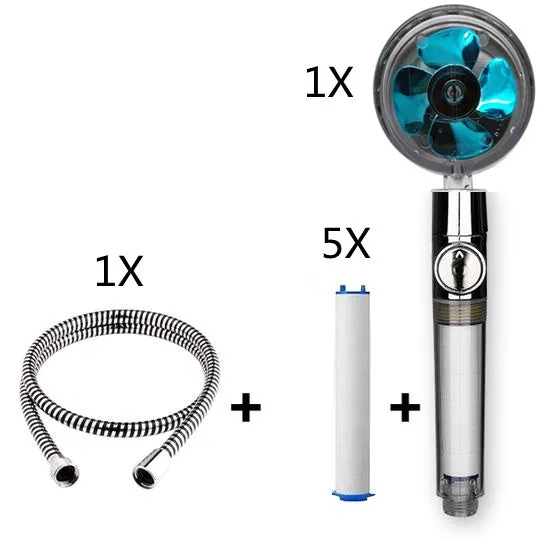 Chrome alloy turbocharged handheld shower head with stop button, five nozzles, and PP cotton filters