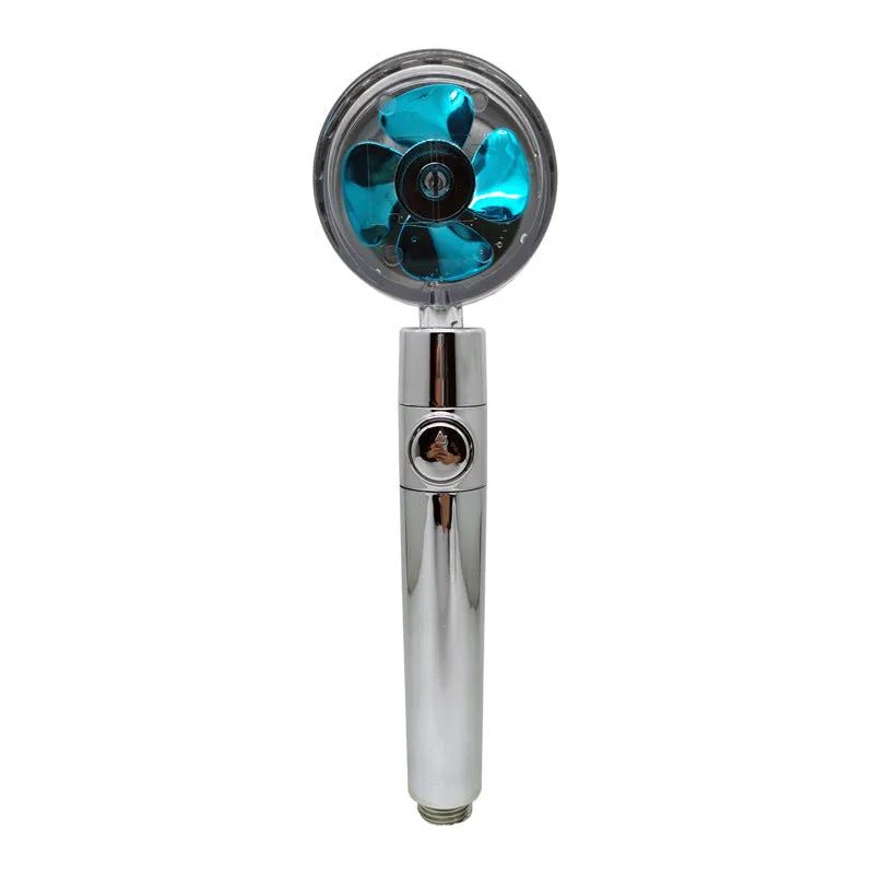 Chrome alloy turbocharged handheld shower head with stop button, five nozzles, and PP cotton filters