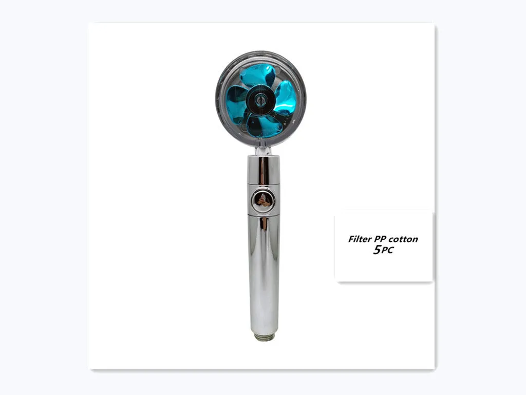 Chrome alloy turbocharged handheld shower head with stop button, five nozzles, and PP cotton filters
