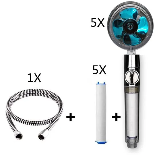 Chrome alloy turbocharged handheld shower head with stop button, five nozzles, and PP cotton filters