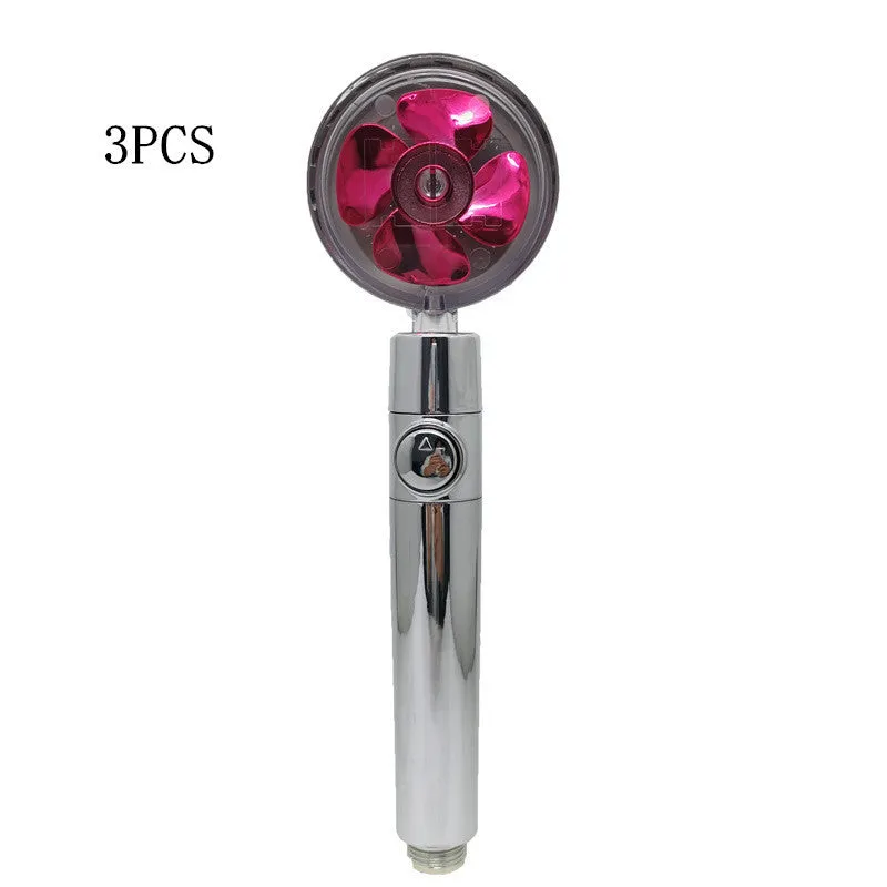 Chrome alloy turbocharged handheld shower head with stop button, five nozzles, and PP cotton filters