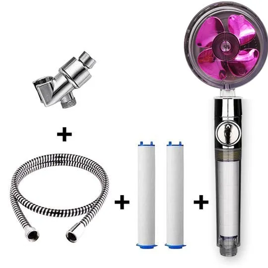 Chrome alloy turbocharged handheld shower head with stop button, five nozzles, and PP cotton filters