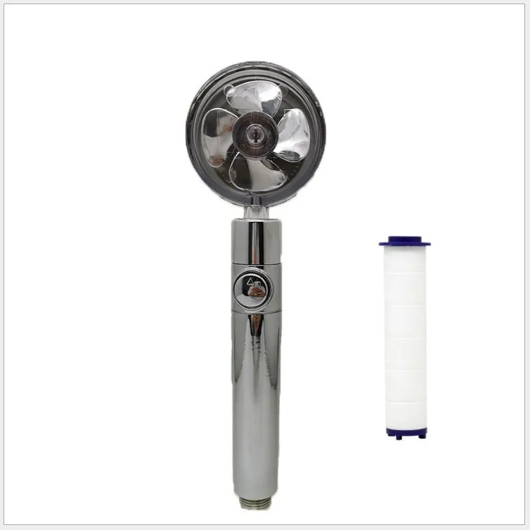 Chrome alloy turbocharged handheld shower head with stop button, five nozzles, and PP cotton filters
