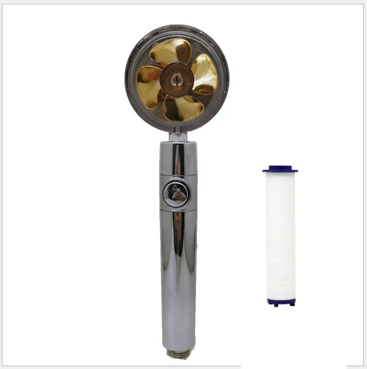 Chrome alloy turbocharged handheld shower head with stop button, five nozzles, and PP cotton filters