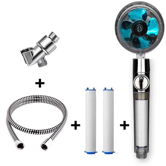 Chrome alloy turbocharged handheld shower head with stop button, five nozzles, and PP cotton filters