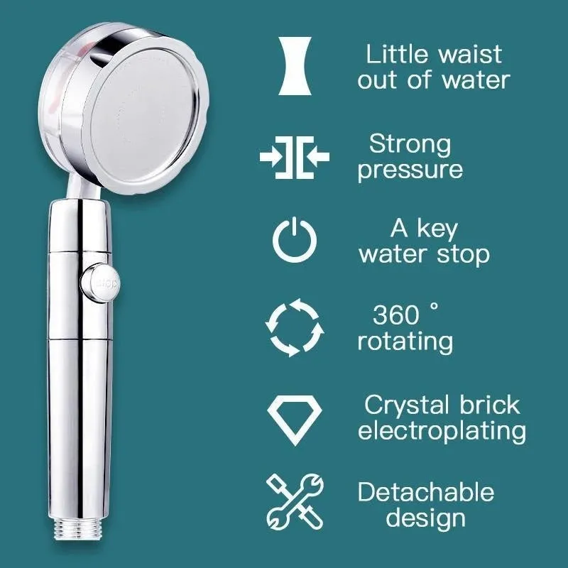 Chrome alloy turbocharged handheld shower head with stop button, five nozzles, and PP cotton filters