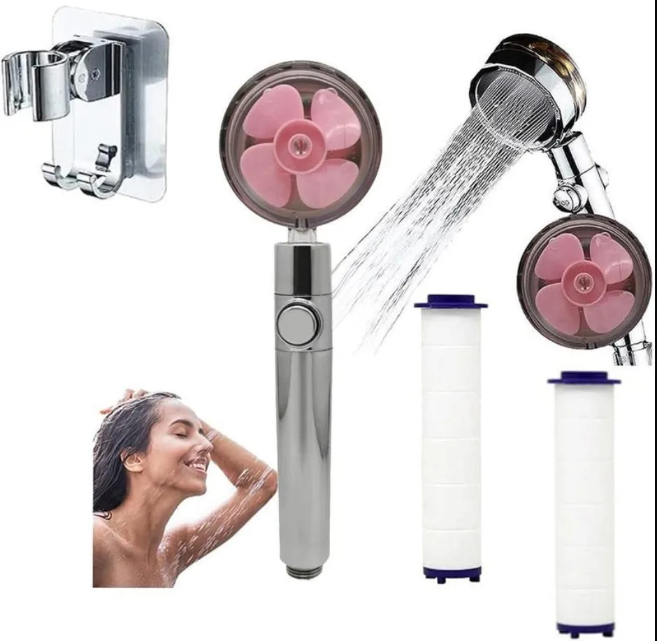 Chrome alloy turbocharged handheld shower head with stop button, five nozzles, and PP cotton filters