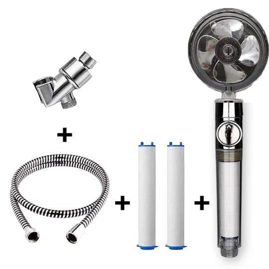 Chrome alloy turbocharged handheld shower head with stop button, five nozzles, and PP cotton filters