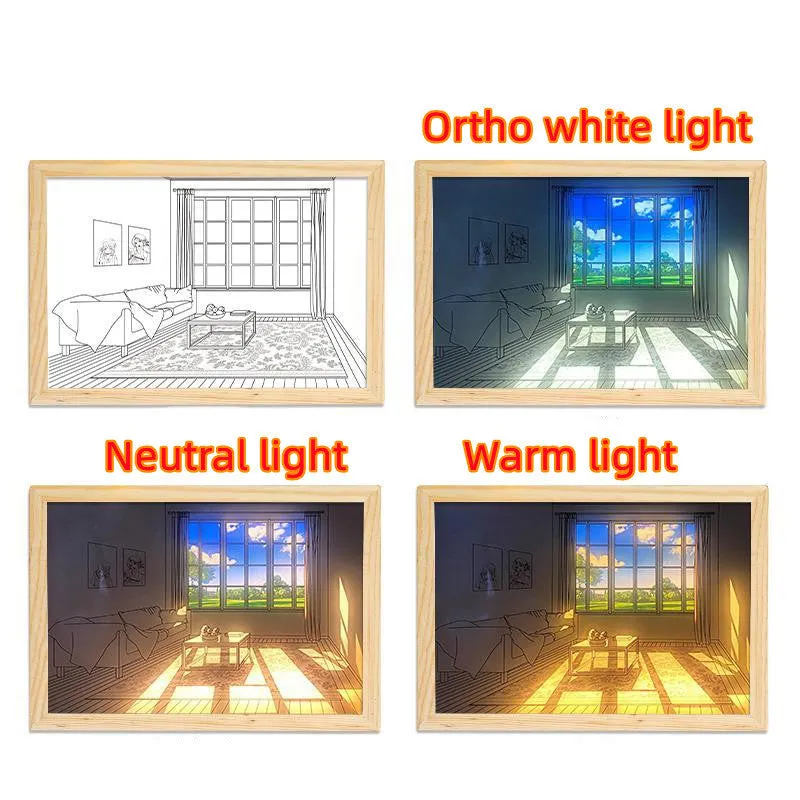 LED illuminated decorative picture on acrylic panel with scenic design and adjustable colour lighting