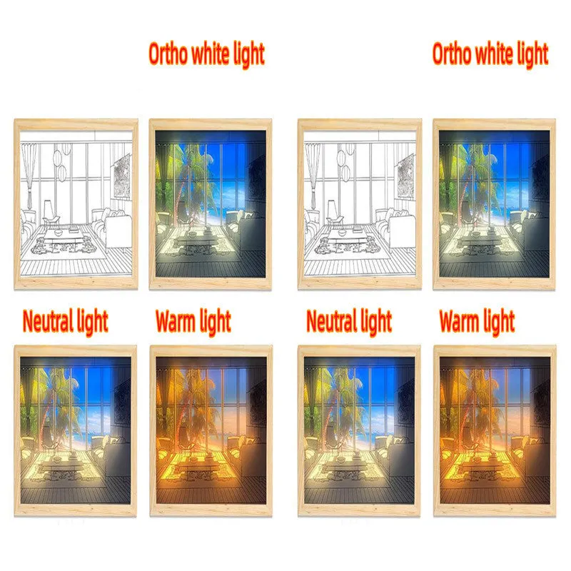 LED illuminated decorative picture on acrylic panel with scenic design and adjustable colour lighting