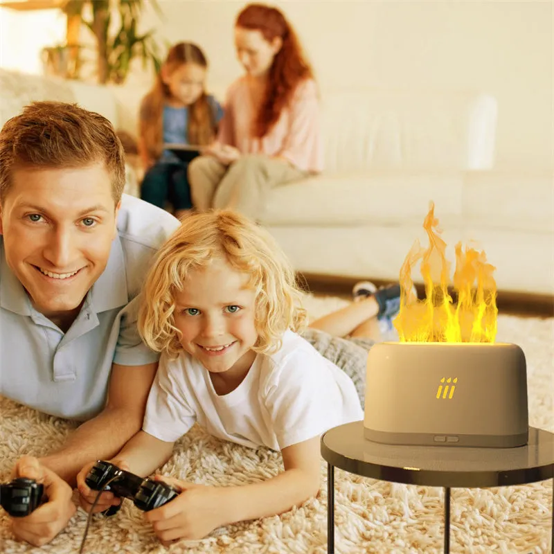 Black ultrasonic aroma diffuser humidifier with LED flame light effect on a wooden table