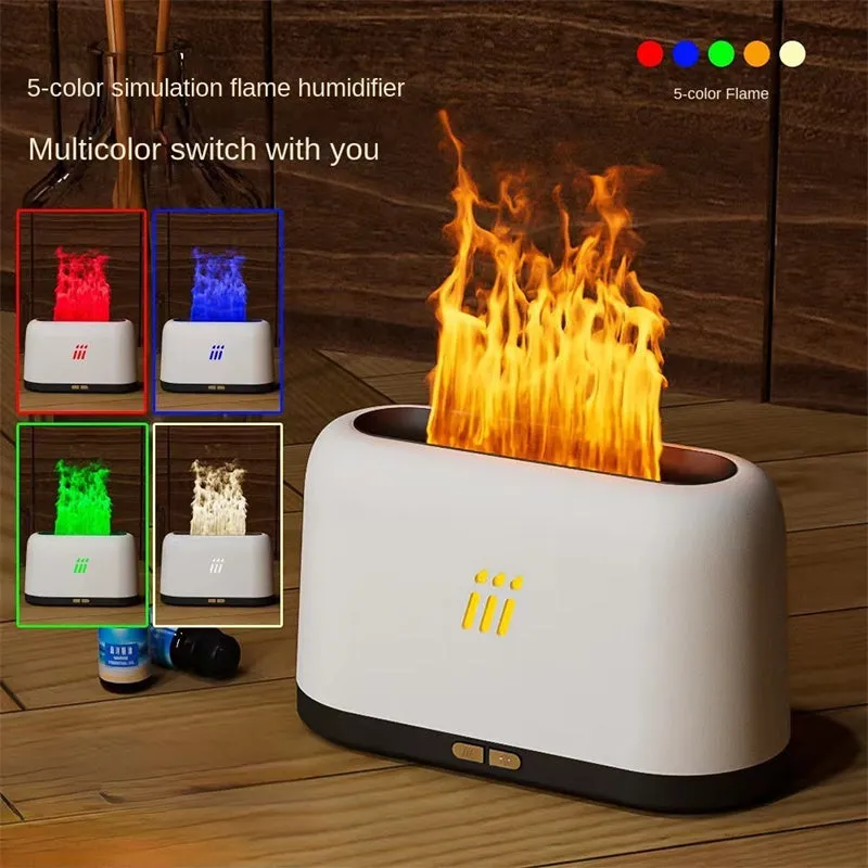 Black ultrasonic aroma diffuser humidifier with LED flame light effect on a wooden table