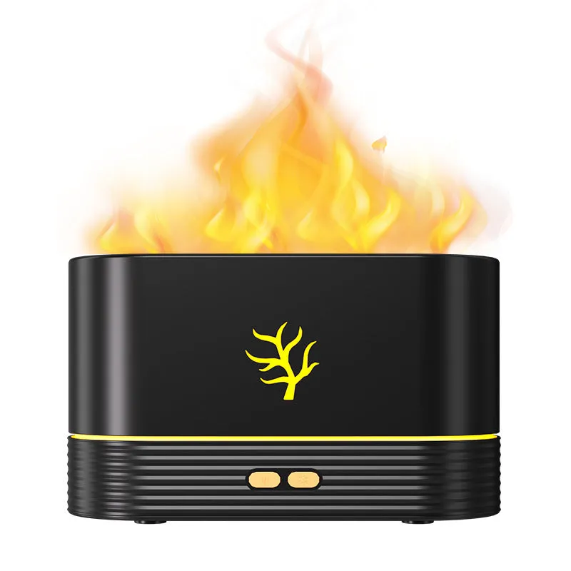 Black ultrasonic aroma diffuser humidifier with LED flame light effect on a wooden table