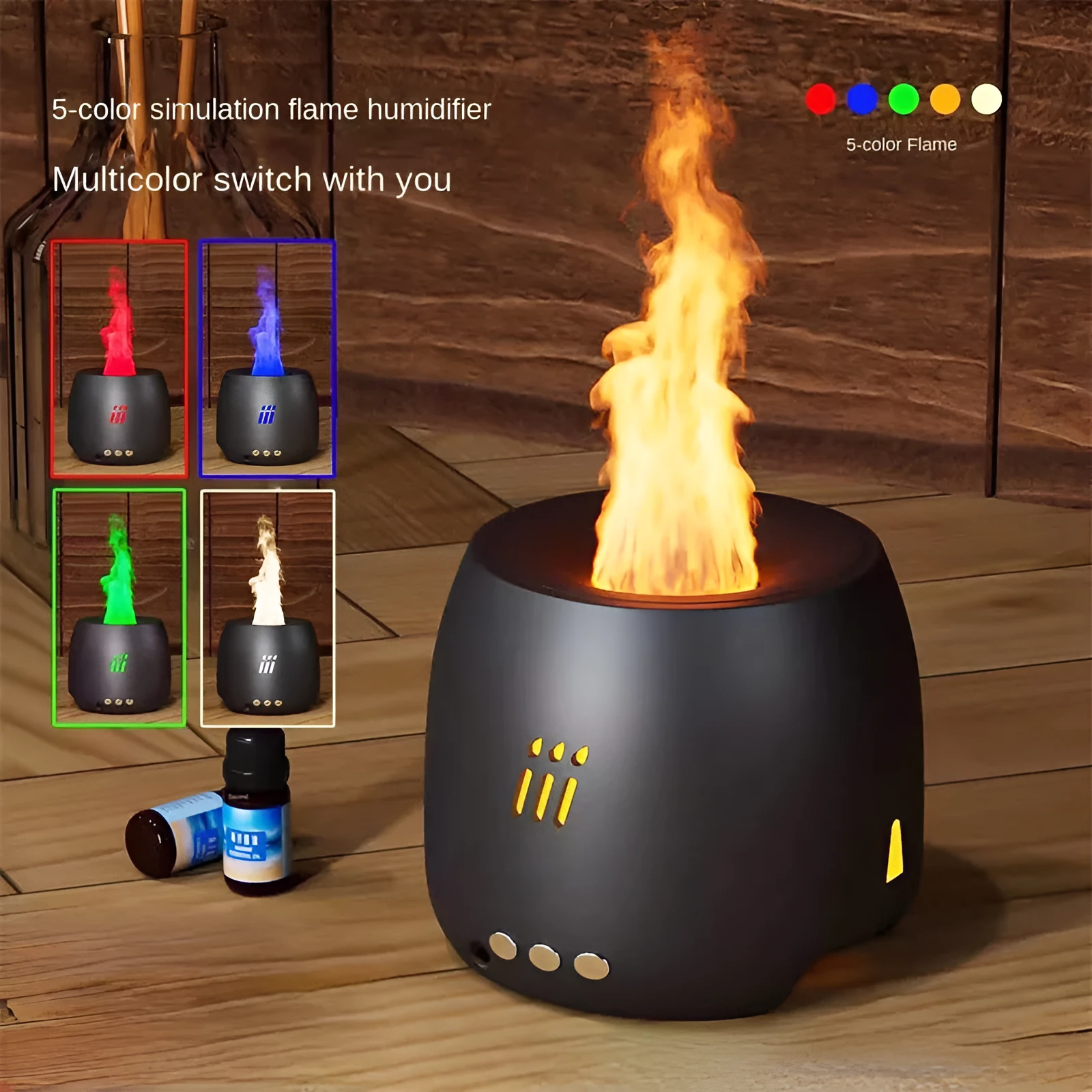 Black ultrasonic aroma diffuser humidifier with LED flame light effect on a wooden table