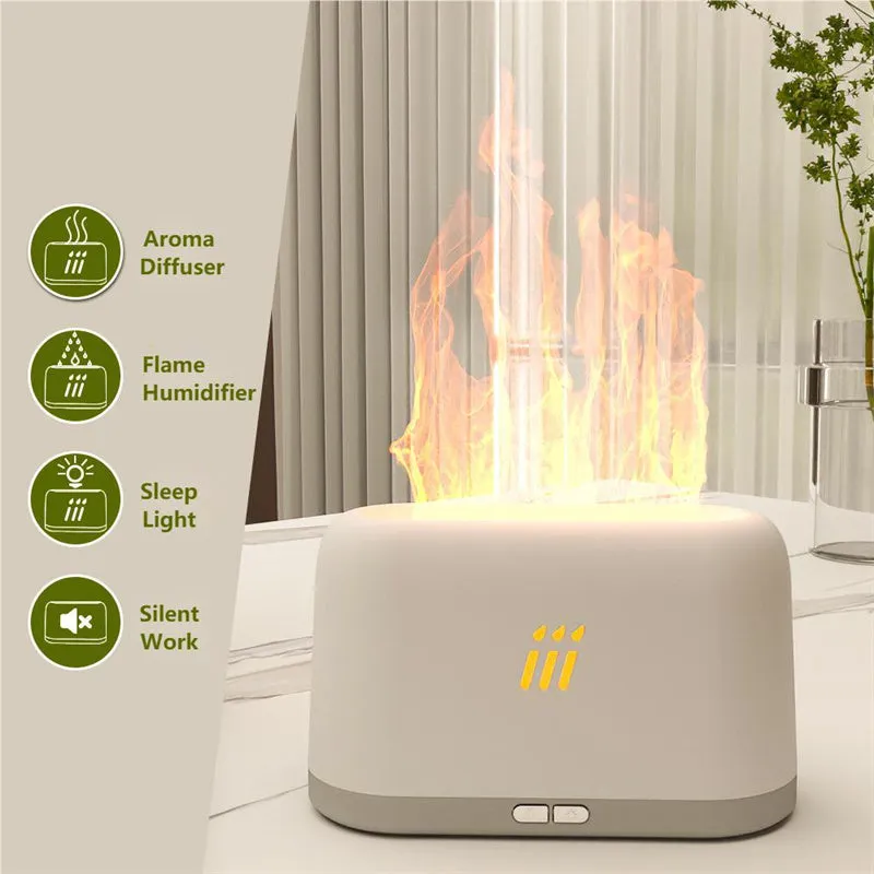 Black ultrasonic aroma diffuser humidifier with LED flame light effect on a wooden table