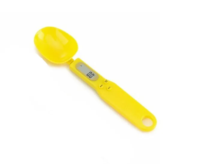 White digital kitchen spoon scale with LCD display showing weight measurement