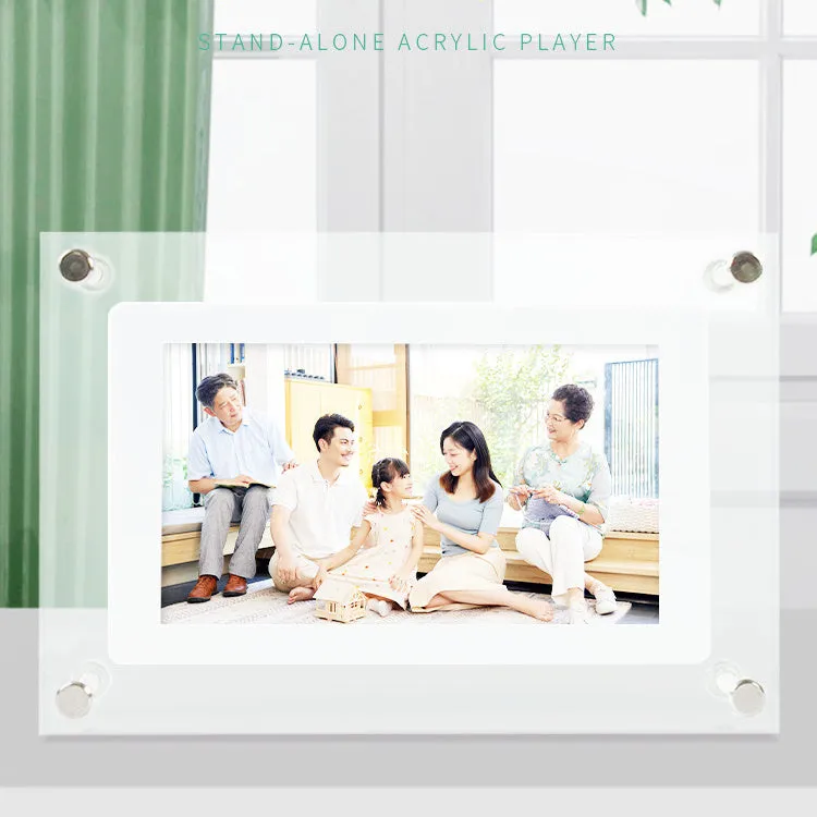 White acrylic digital picture frame with 5 inch vertical screen on a table