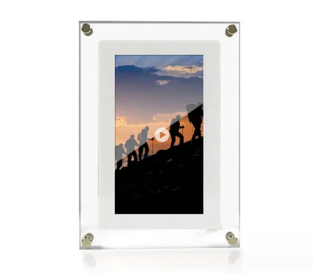 White acrylic digital picture frame with 5 inch vertical screen on a table