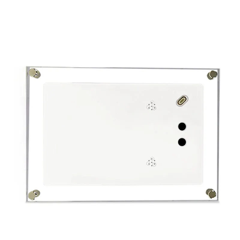 White acrylic digital picture frame with 5 inch vertical screen on a table