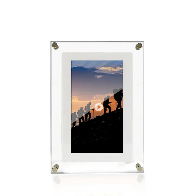 White acrylic digital picture frame with 5 inch vertical screen on a table