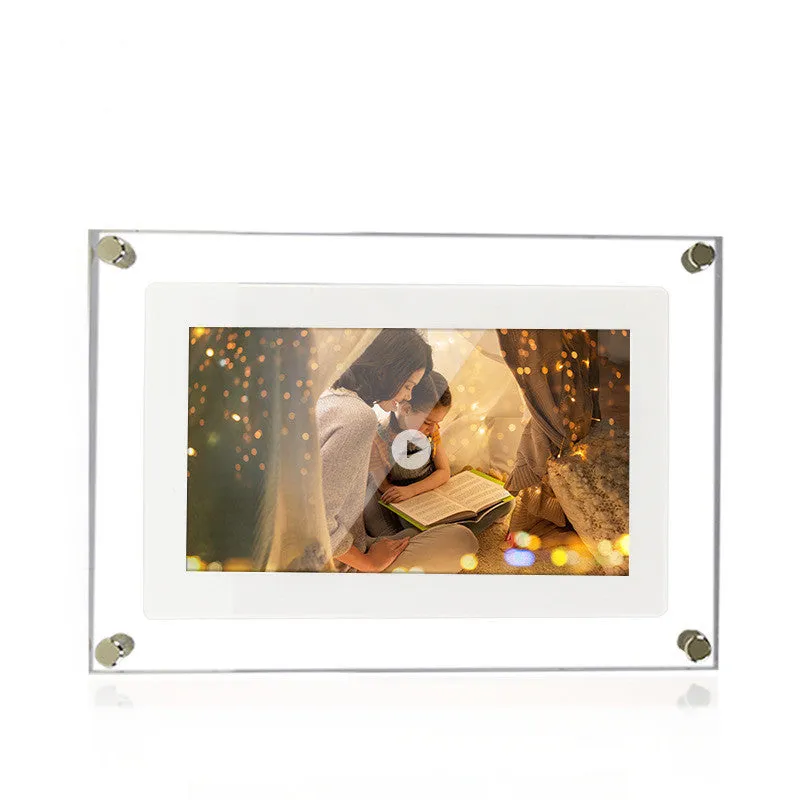 White acrylic digital picture frame with 5 inch vertical screen on a table