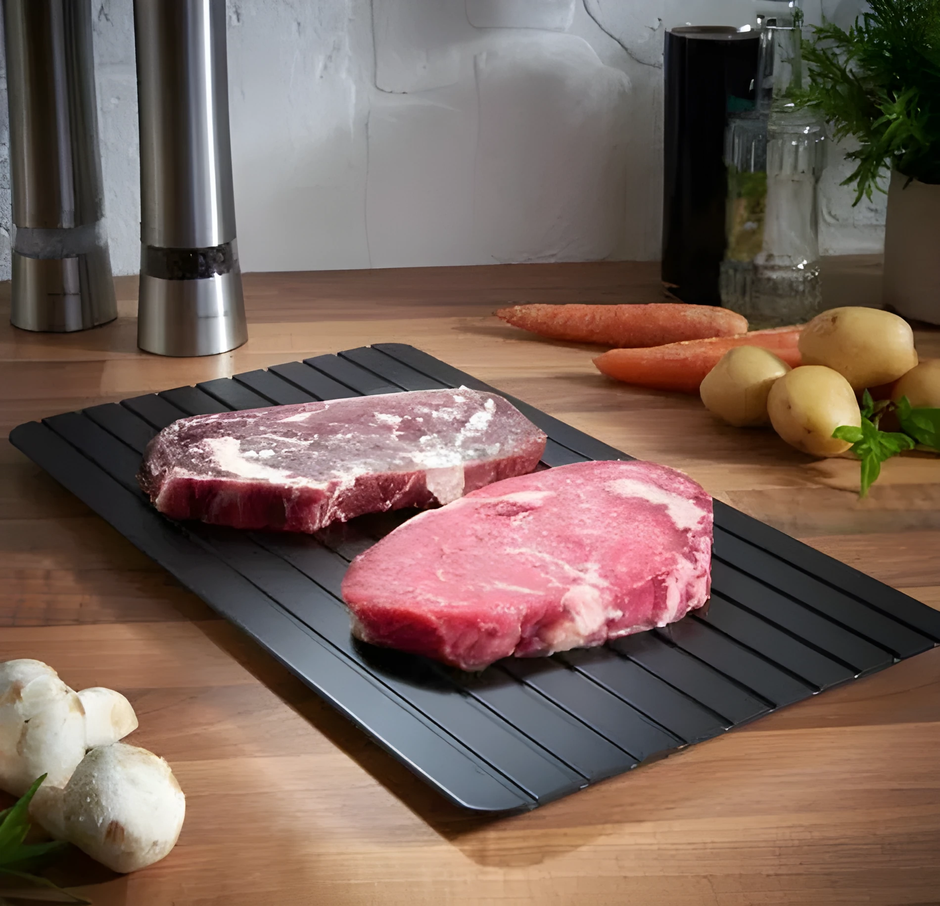 Black aluminium quick defrosting tray for thawing frozen meat and food without electricity.