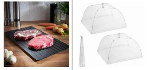 Black aluminium quick defrosting tray for thawing frozen meat and food without electricity.