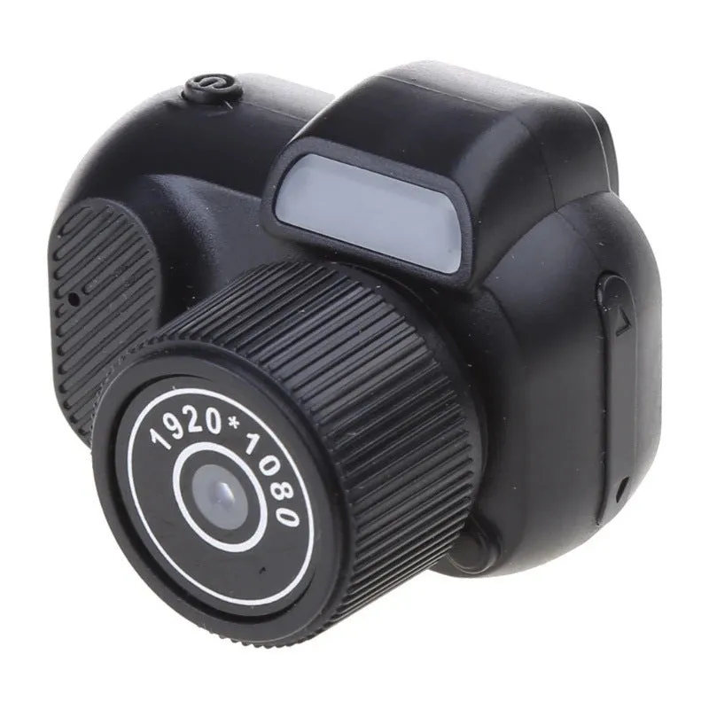 Retro style black mini camera with built-in screen for 1080p HD video recording