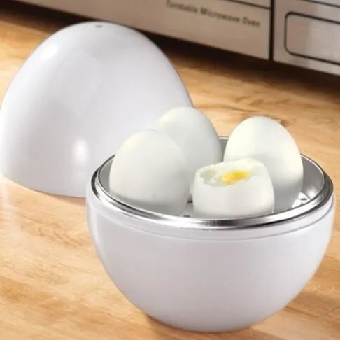 White microwave egg cooker with capacity for four eggs and food-grade construction
