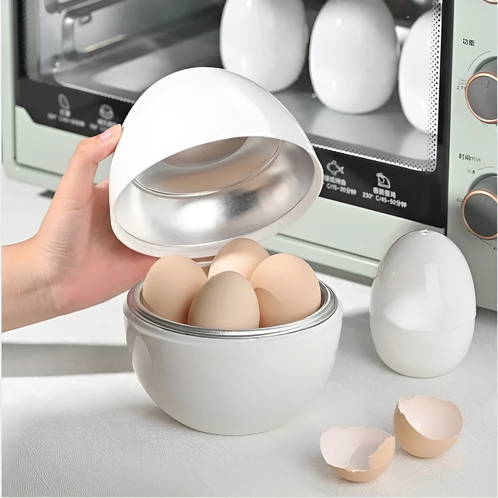 White microwave egg cooker with capacity for four eggs and food-grade construction