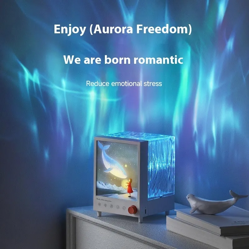 Aurora Treasure Box atmosphere projection lamp showing Star Sea Whale light effect, with compact design and Bluetooth speaker.