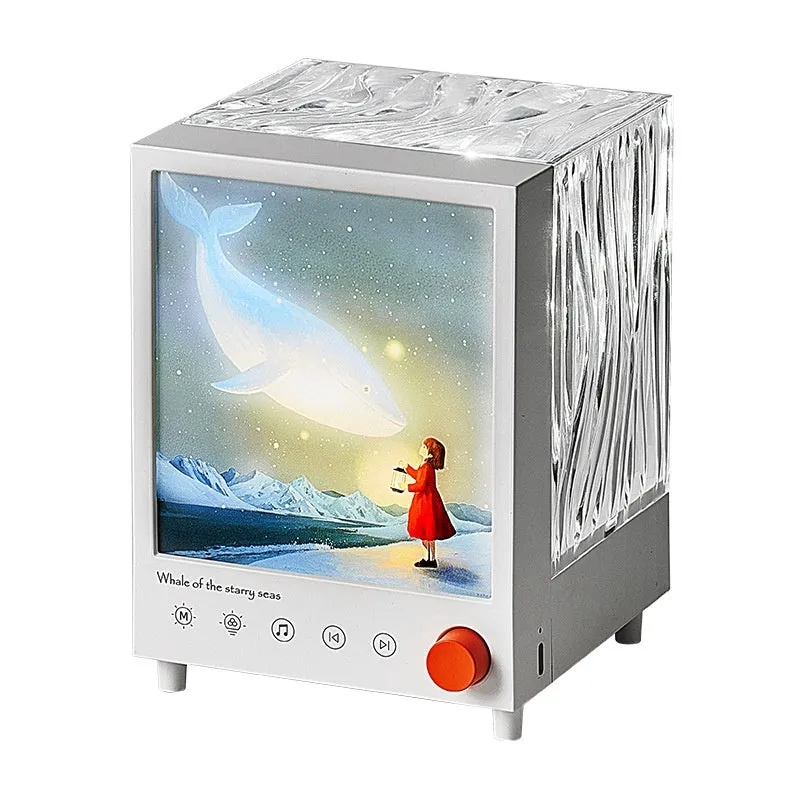 Aurora Treasure Box atmosphere projection lamp showing Star Sea Whale light effect, with compact design and Bluetooth speaker.