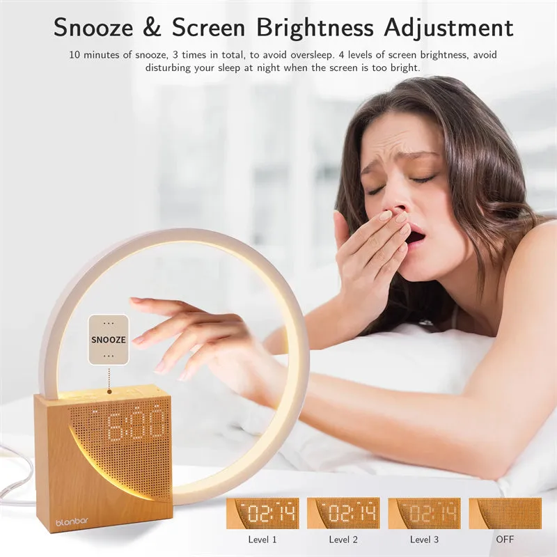 Navy blue touch control bedside lamp with digital alarm clock display on wooden table