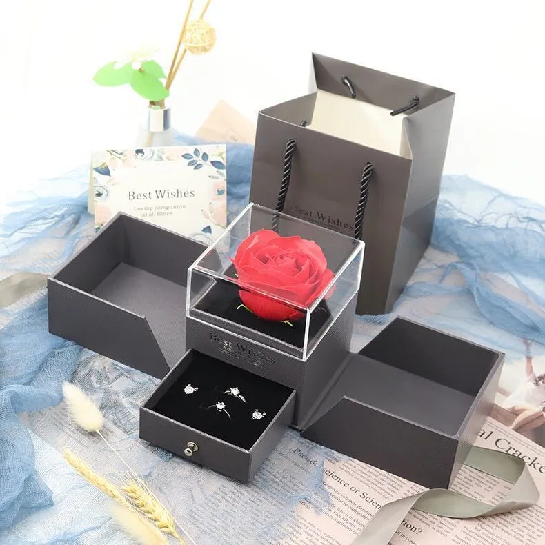Valentine's Day jewellery gift box with plastic eternal rose centrepiece in blue, green, grey, or pink colours